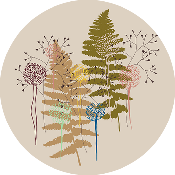 Scandinavisch retro botanisch. Varensbladeren en bloemen in camogroen en zand van Dina Dankers