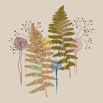 Nordic retro botanical. Fern leaves and flowers in camo green and sand by Dina Dankers