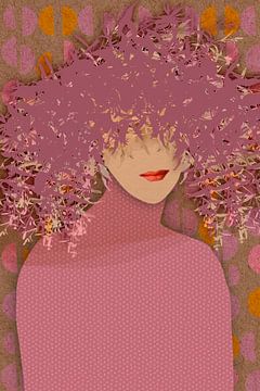 Retro portrait of a woman in purple floral hat in pink, brown and orange by Dina Dankers