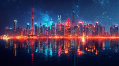 olieverf schilderij stad reflectie