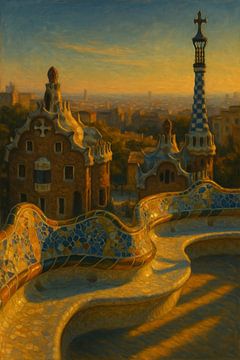 Park Güell Serenity – Gaudí’s Mosaic Garden in Golden Light