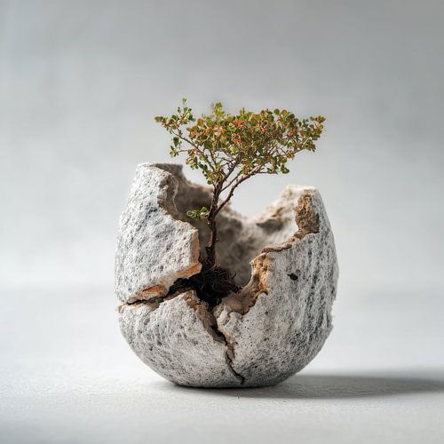 Eenzame boom in ronde gebroken pot