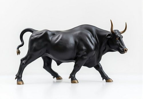 Beeldje van donkere stier op witte achtergrond