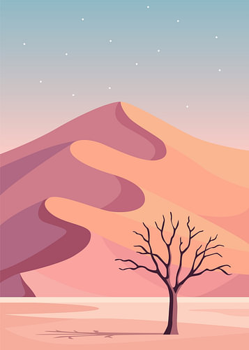Minimalistische Flachillustration eines einzelnen Baumes vor majestätischen Wüstendünen.