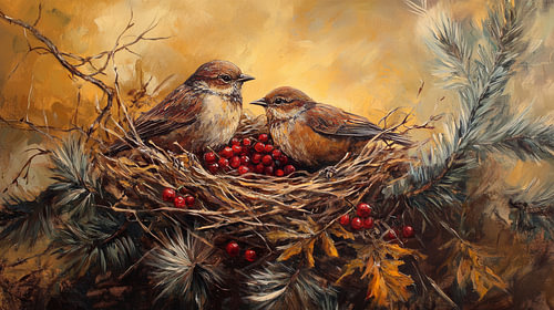 A cosy nest with two sparrows and some berries