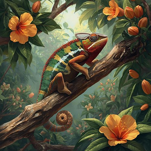 chameleon in Blooming Tropical Garden by BloomsArt