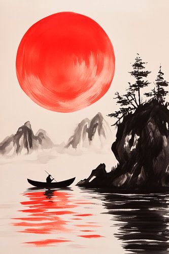 Red sun over calm waters