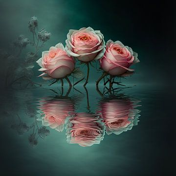 3 little pink roses are playing in the water van Natasja Haandrikman