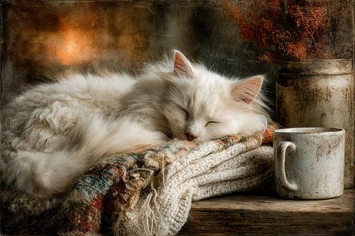 Slapende witte kat op plaid - Warme Schilderkunst