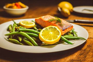 Fresh salmon with green beans Illustration 02 by Animaflora PicsStock