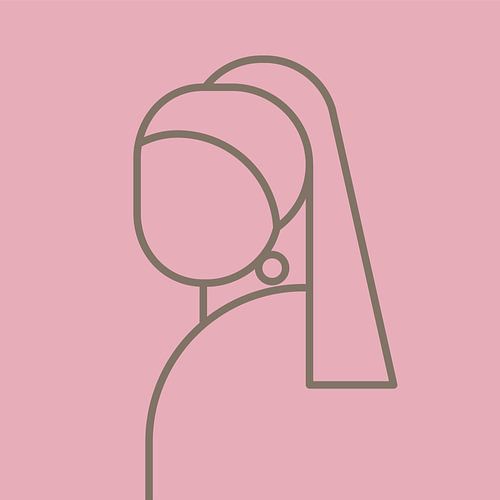 The Girl with the Pearl Earring abstract line illustration on soft pink background with gold brown linework