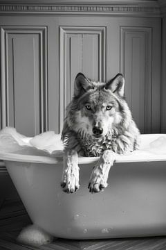 Wilder Wolf in Badewanne - Ein faszinierendes Badezimmerbild für Ihr WC von Felix Brönnimann