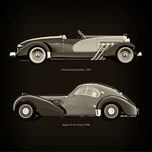 Duesenberg SJ Speedster 1933 en Bugatti 57-SC Atlantic 1938