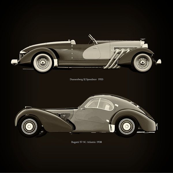 Duesenberg SJ Speedster 1933 et Bugatti 57-SC Atlantic 1938 par Jan Keteleer