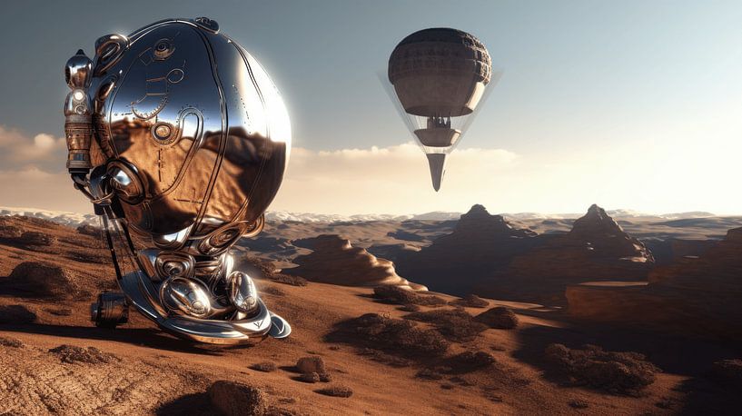 Shiny robots in an alien landscape by Eva Lee