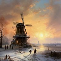 Dutch winter landscape painting with windmill