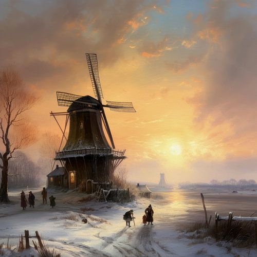 Dutch winter landscape painting with windmill by Preet Lambon