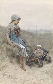 Fisherman's girl with child in pram in the dunes, Bernardus Johannes Blommers