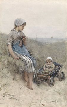 Vissersmeisje met kind in kinderwagen in de duinen, Bernardus Johannes Blommers