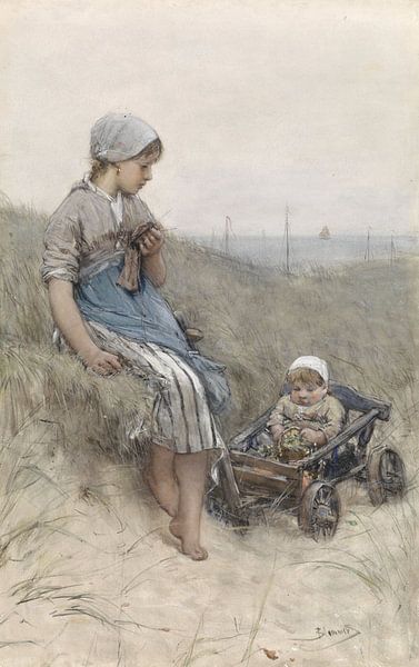 Fischermädchen mit Kind im Kinderwagen in den Dünen, Bernardus Johannes Blommers von Meesterlijcke Meesters