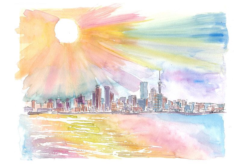 Auckland New Zealand Skyline Waterfront with Sunset by Markus Bleichner