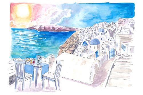 Blick auf den Sonnenuntergang von Santorin mit Rooftop Bar und Fruchts