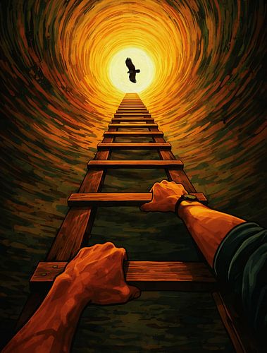 Handen die een ladder beklimmen op weg naar de lichtwerveling van de adelaar – kunst
