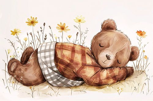 Schattige slapende beer in bloemenveld