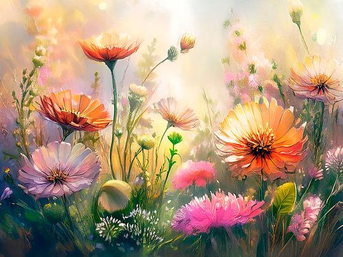 Dromerig Schilderij van een border met bloemen