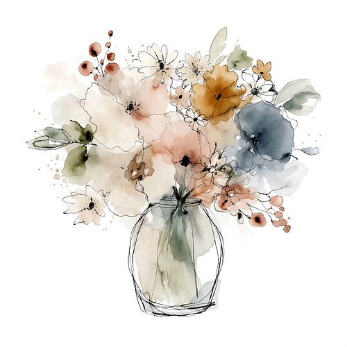Aquarel bloemen in vaas met speelse inktlijnen (AI) (abstract, vrouwelijk, zachte, warme, kleuren, Japandi)