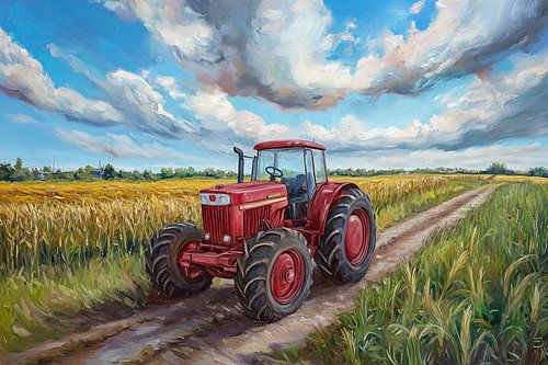 Rode tractor in een landweggetje