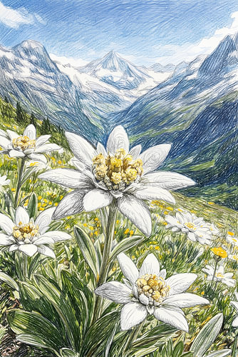 EDELWEISS KRASTEKENING MET POTLOOD - METALEN POSTER