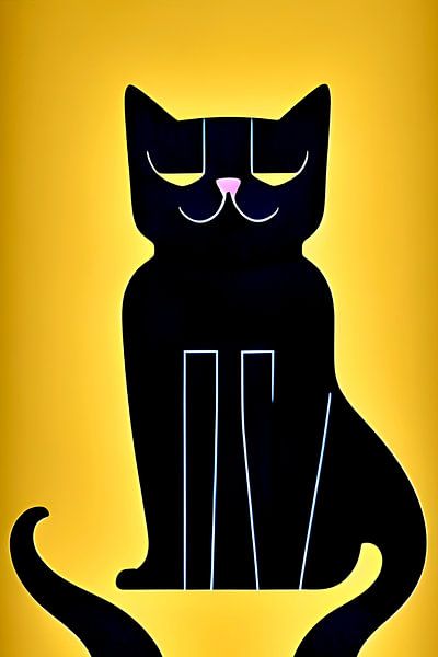 Chat noir sur fond jaune doré - illustration de style Art déco par Lily van Riemsdijk - Art Prints with Color