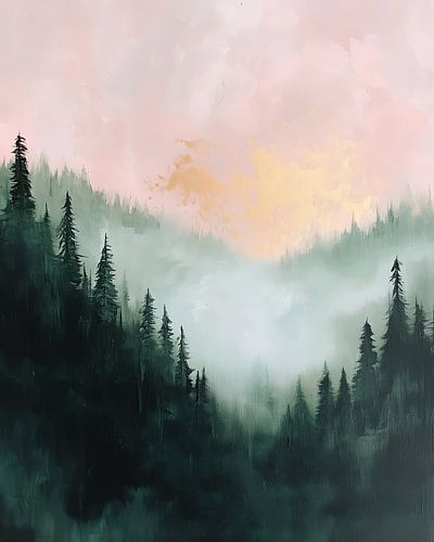 Verträumte Waldlandschaft in Rosa und Grün