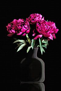 Vase noir avec des pivoines roses à faible teneur