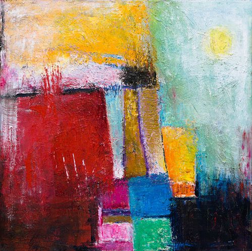 Soleil | Lune | Peinture abstraite avec rouge, jaune et vert