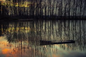 Half gezonken bootje bij zonsondergang. van Ron van der Stappen