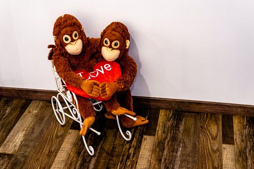 Deux singes en peluche assis bras dessus bras dessous sur un chariot et se tenant la main
