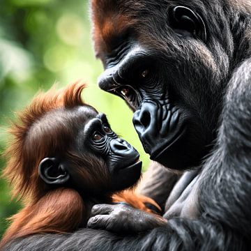 Vader gorilla en baby orang-oetan