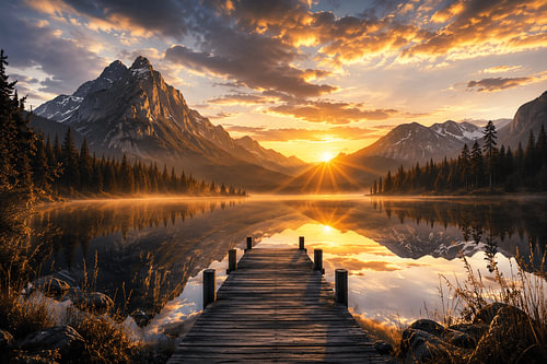 Des montagnes et un lac au coucher du soleil