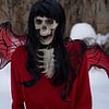 Squelette d'une mariée diabolique avec une robe rouge et des ailes de diablotin dans la neige sur Babetts Bildergalerie