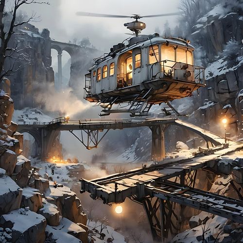 Helikopter landt in besneeuwde kloof, steampunk