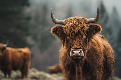 Schotse Hooglander in mistig boslandschap