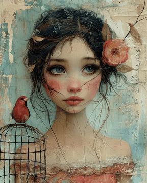 Portrait en techniques mixtes "la fille et l'oiseau rouge&quot ; sur Atelier Pink Blossom