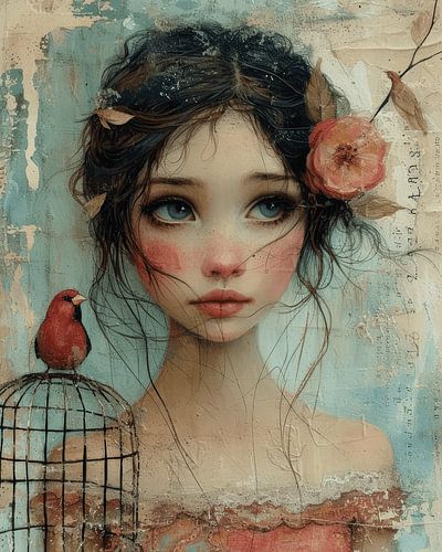 Mixed media portrait "the girl and the red bird" by Atelier Pink Blossom