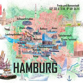 Hamburg Germany Illustrated travel map with tourist highlights by Markus Bleichner