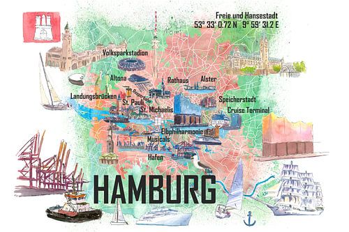 Hamburg Germany Illustrated travel map with tourist highlights