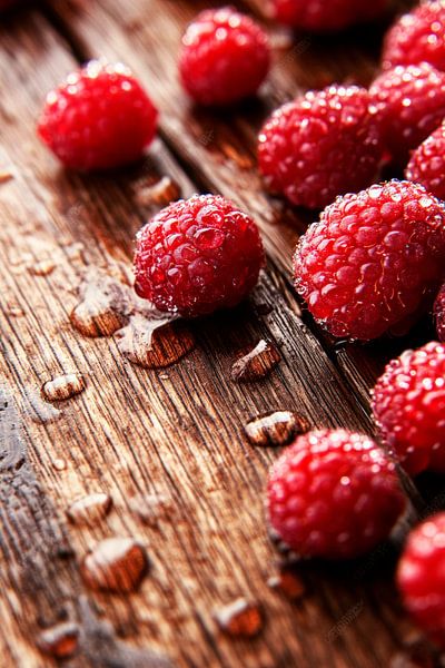 Juicy raspberries on a wooden surface by Poster Art Shop