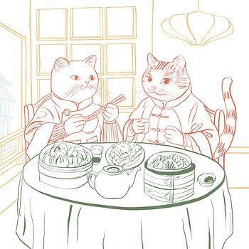 Chats élégants mangeant des Dim Sum
