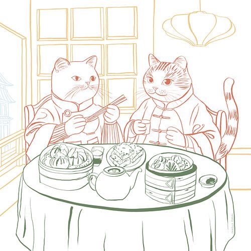 Elegante katten die Dim Sum eten